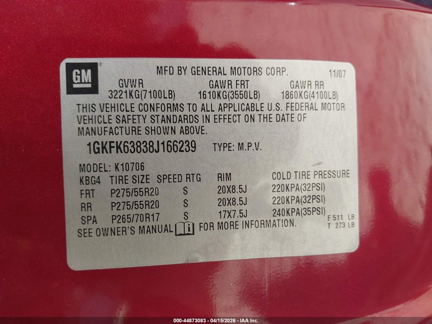 2008 GMC Yukon Denali VIN: 1GKFK63838J166239 Lot: 44873083