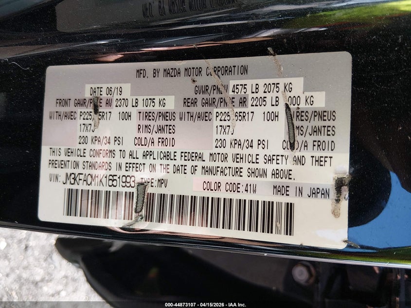 2019 Mazda Cx-5 Touring VIN: JM3KFACM1K1651993 Lot: 44873107