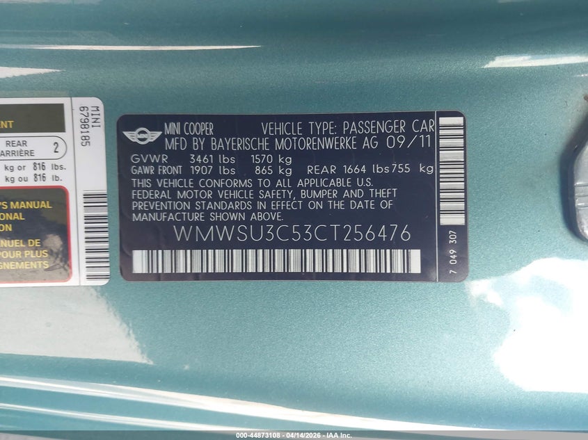 2012 Mini Cooper VIN: WMWSU3C53CT256476 Lot: 44873108