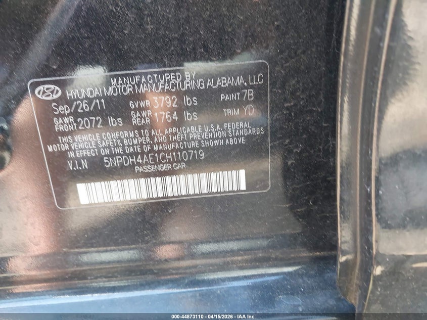 2012 Hyundai Elantra Gls VIN: 5NPDH4AE1CH110719 Lot: 44873110