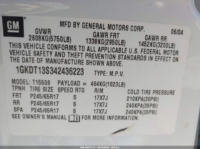 2004 GMC Envoy Slt VIN: 1GKDT13S342436223 Lot: 44873112