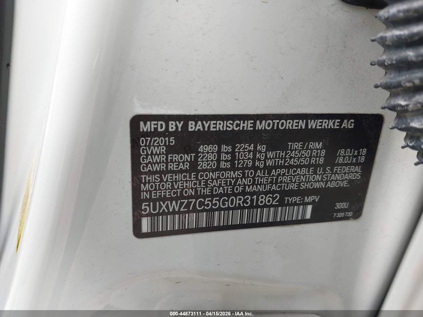 2016 BMW X3 Sdrive28I VIN: 5UXWZ7C55G0R31862 Lot: 44873111