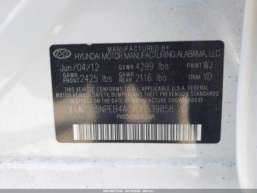 2013 Hyundai Sonata Gls VIN: 5NPEB4AC4DH539858 Lot: 44873140