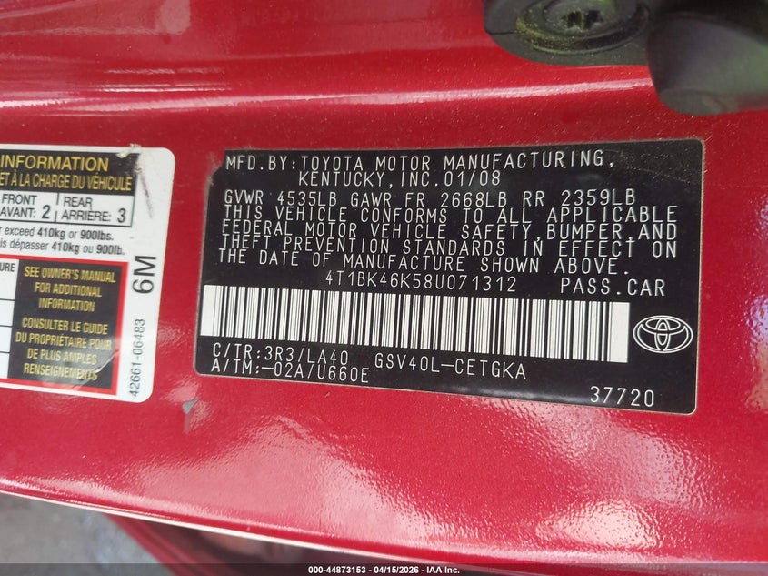 2008 Toyota Camry Xle V6 VIN: 4T1BK46K58U071312 Lot: 44873153