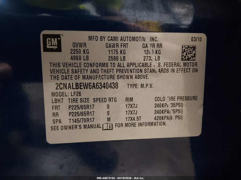 2010 Chevrolet Equinox Ls VIN: 2CNALBEW6A6340438 Lot: 44873155