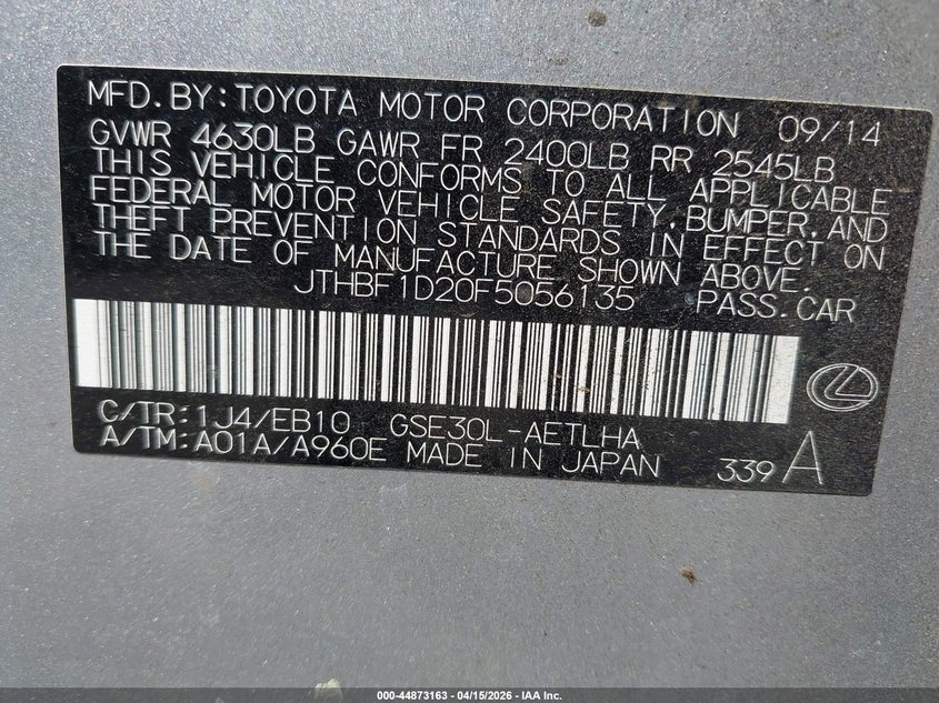 2015 Lexus Is 250 VIN: JTHBF1D20F5056135 Lot: 44873163