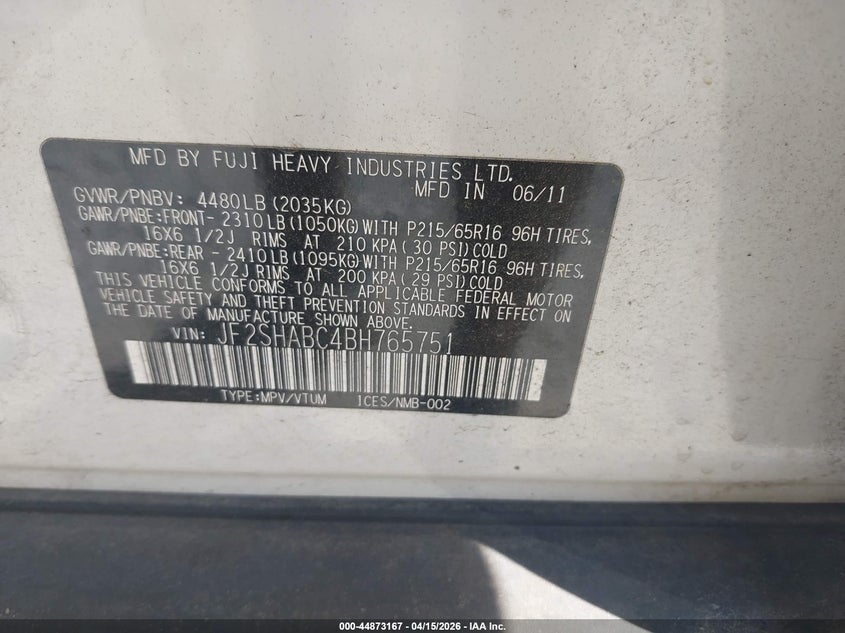 2011 Subaru Forester 2.5X VIN: JF2SHABC4BH765751 Lot: 44873167