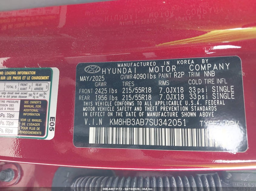 2025 Hyundai Kona Sel VIN: KM8HB3AB7SU342051 Lot: 44873172