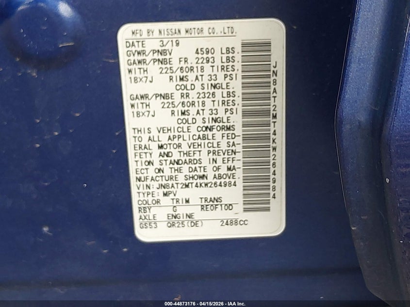 2019 Nissan Rogue Sv VIN: JN8AT2MT4KW264984 Lot: 44873176