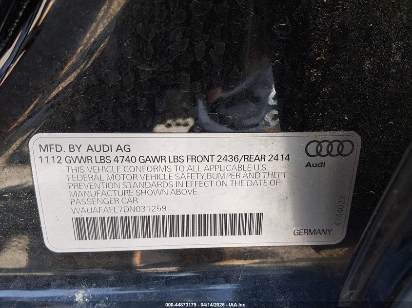2013 Audi A4 2.0T Premium VIN: WAUAFAFL7DN031259 Lot: 44873179