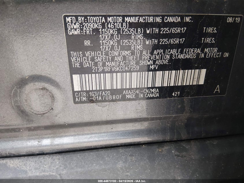 2019 Toyota Rav4 Xle VIN: 2T3P1RFV6KC047259 Lot: 44873180