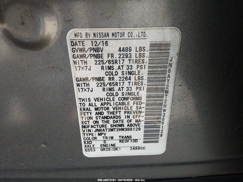 2017 Nissan Rogue S VIN: JN8AT2MT2HW388129 Lot: 44873191