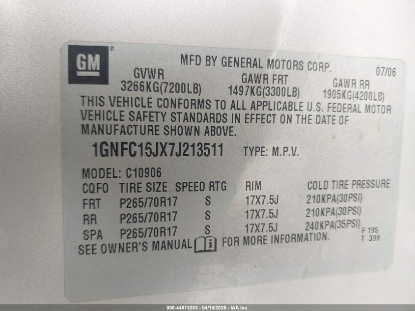 2007 Chevrolet Suburban 1500 Lt VIN: 1GNFC16JX7J213511 Lot: 44873203