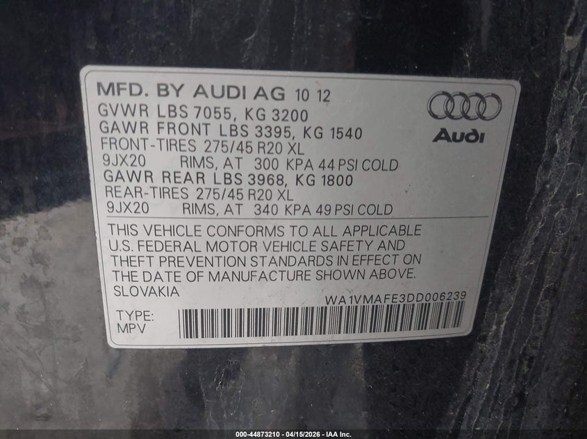 2013 Audi Q7 3.0 Tdi Premium VIN: WA1VMAFE3DD006239 Lot: 44873210