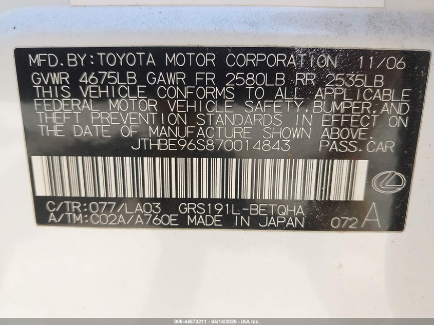 2007 Lexus Gs 350 VIN: JTHBE96S870014843 Lot: 44873211