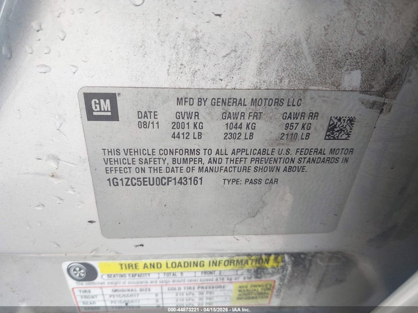 2012 Chevrolet Malibu 1Lt VIN: 1G1ZC5EU0CF143161 Lot: 44873221