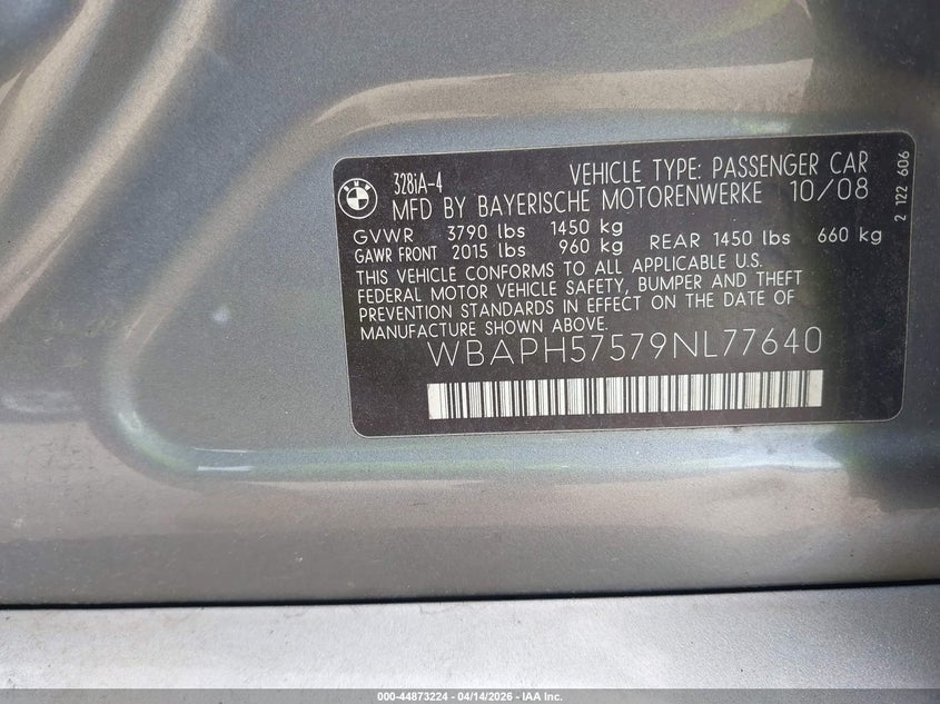 2009 BMW 328I VIN: WBAPH57579NL77640 Lot: 44873224