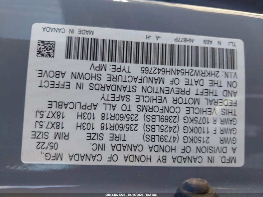 2022 Honda Cr-V Awd Ex VIN: 2HKRW2H54NH642765 Lot: 44873227