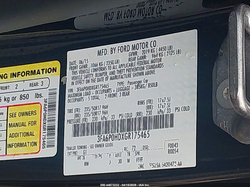 2016 Ford Fusion Se VIN: 3FA6P0HDXGR175465 Lot: 44873232