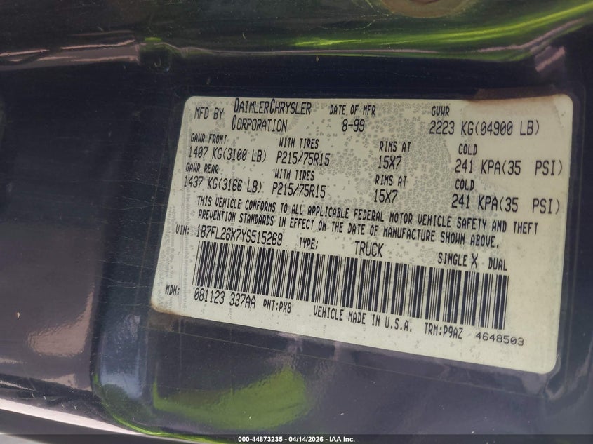 2000 Dodge Dakota Slt/Sport VIN: 1B7FL26X7YS515269 Lot: 44873235