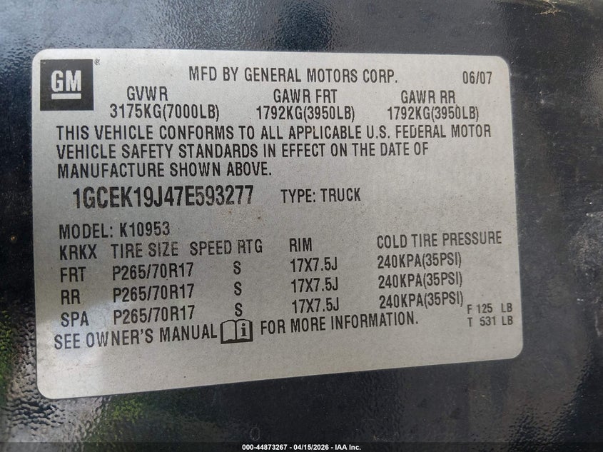 2007 Chevrolet Silverado 1500 Work Truck VIN: 1GCEK19J47E593277 Lot: 44873267
