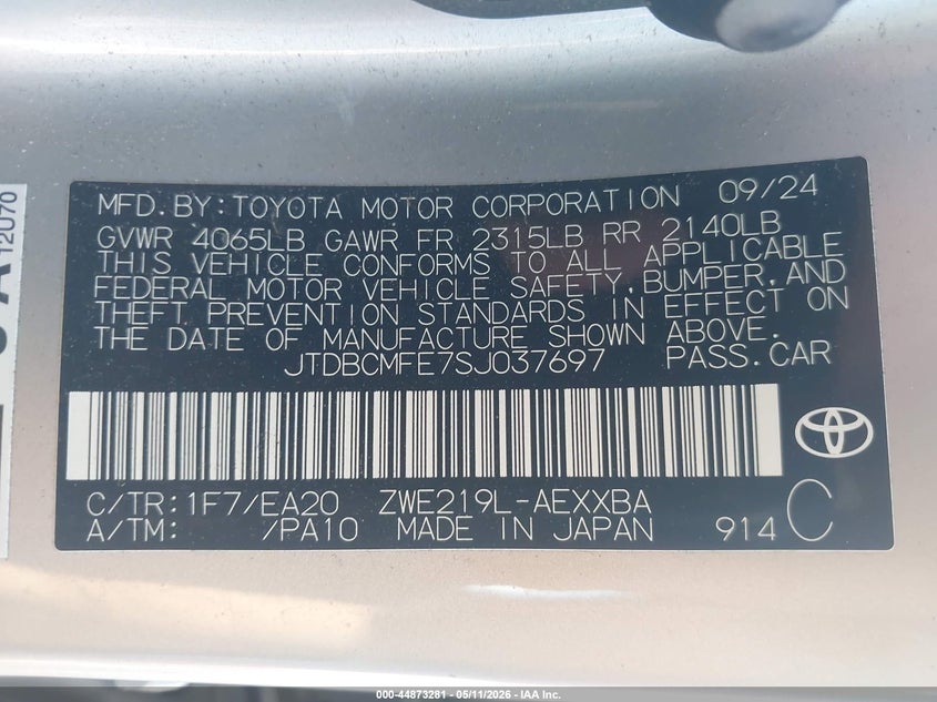 2025 TOYOTA COROLLA SEDAN 1.8L I-4 DOHC, VVT, 96HP