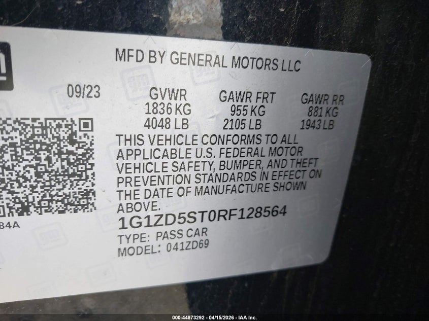 2024 Chevrolet Malibu Fwd 1Lt VIN: 1G1ZD5ST0RF128564 Lot: 44873292