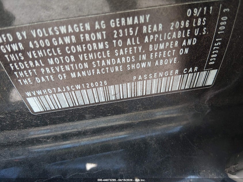 2012 Volkswagen Gti 4-Door VIN: WVWHD7AJ9CW126026 Lot: 44873299