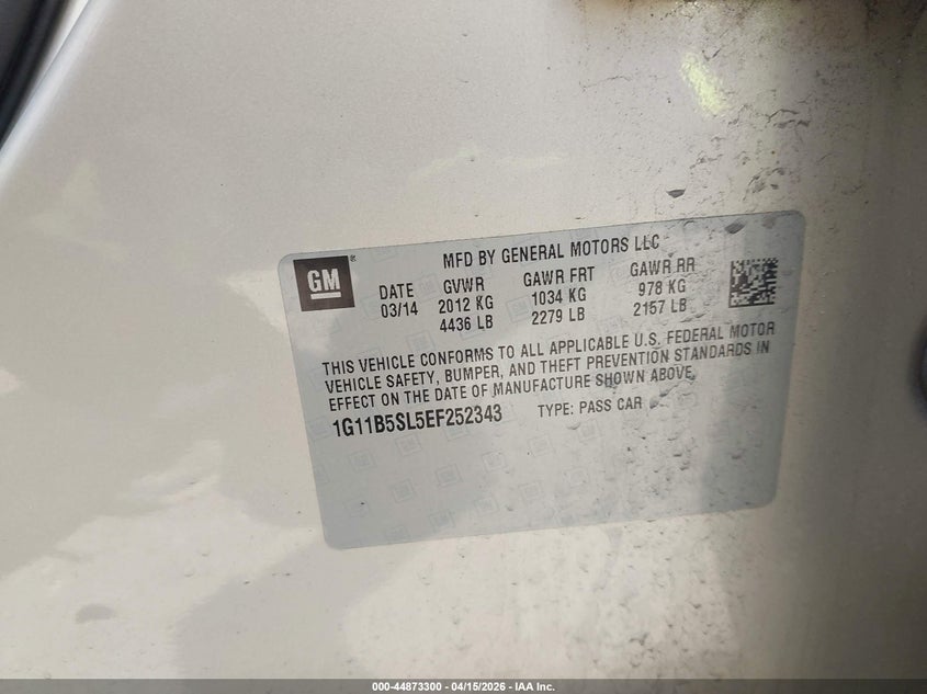 2014 Chevrolet Malibu 1Ls VIN: 1G11B5SL5EF252343 Lot: 44873300