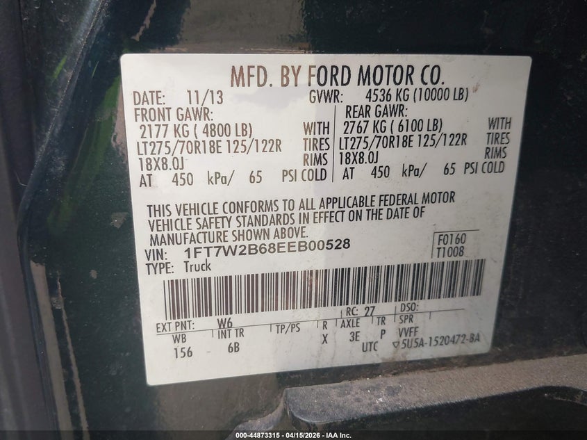 2014 Ford F-250 Lariat VIN: 1FT7W2B68EEB00528 Lot: 44873315