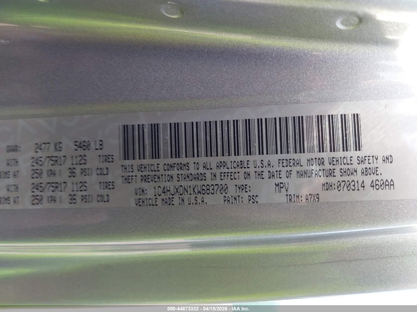 2019 Jeep Wrangler Unlimited Sport S 4X4 VIN: 1C4HJXDN1KW683700 Lot: 44873332