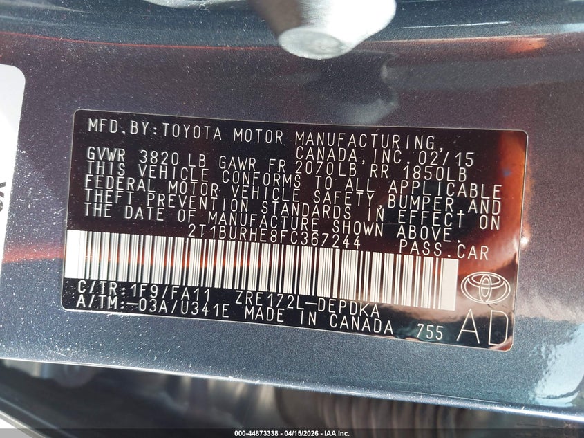 2015 Toyota Corolla L VIN: 2T1BURHE8FC367244 Lot: 44873338