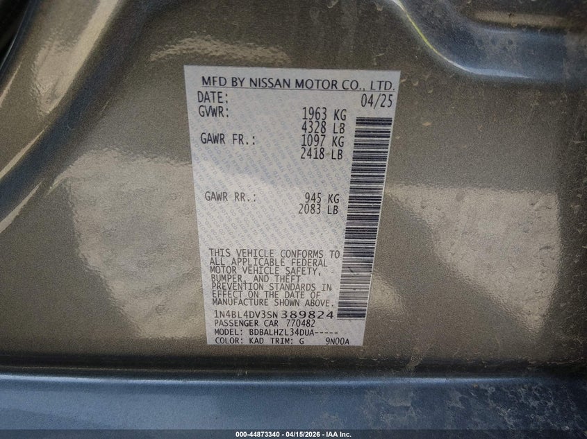 2025 Nissan Altima Sv Fwd VIN: 1N4BL4DV3SN389824 Lot: 44873340