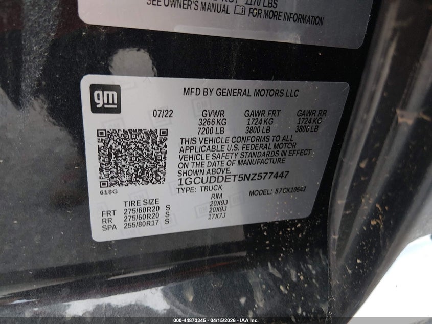 2022 Chevrolet Silverado 1500 4Wd Standard Bed Lt VIN: 1GCUDDET5NZ577447 Lot: 44873345