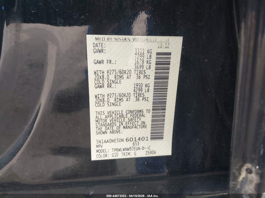 2013 Nissan Armada Platinum VIN: 5N1AA0NE5DN601401 Lot: 44873353