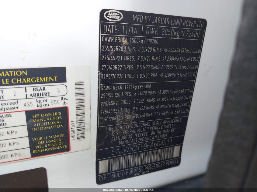 2015 Land Rover Range Rover Sport 5.0L V8 Supercharged VIN: SALWR2TF9FA604511 Lot: 44873362