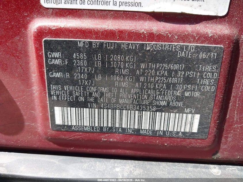 2011 Subaru Outback 2.5I Premium VIN: 4S4BRBCC6B3435358 Lot: 44873363