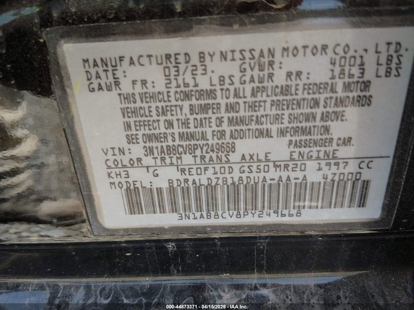 2023 Nissan Sentra Sv Xtronic Cvt VIN: 3N1AB8CV8PY249668 Lot: 44873371