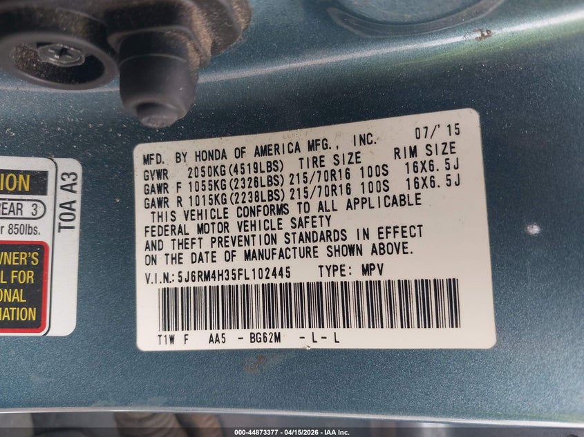 2015 Honda Cr-V Lx VIN: 5J6RM4H35FL102445 Lot: 44873377