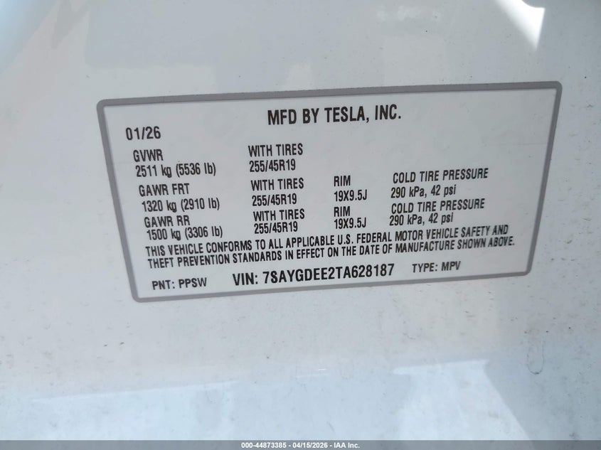 2026 Tesla Model Y All-Wheel Drive/Long Range Launch Series/Premium All-Wheel Drive VIN: 7SAYGDEE2TA628187 Lot: 44873385