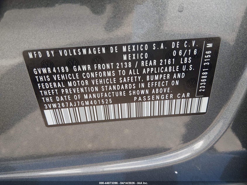 2016 Volkswagen Jetta 1.4T S VIN: 3VW267AJ7GM401525 Lot: 44873396