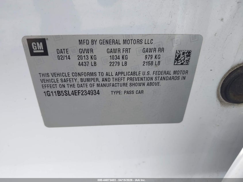 2014 Chevrolet Malibu 1Ls VIN: 1G11B5SL4EF234934 Lot: 44873403