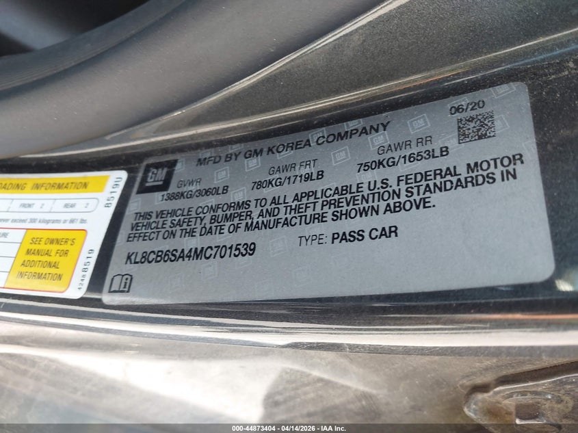 2021 Chevrolet Spark Fwd Ls Automatic VIN: KL8CB6SA4MC701539 Lot: 44873404