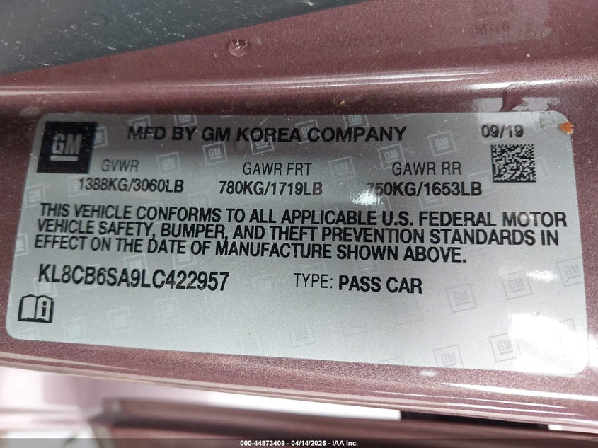 2020 Chevrolet Spark Fwd Ls Automatic VIN: KL8CB6SA9LC422957 Lot: 44873409