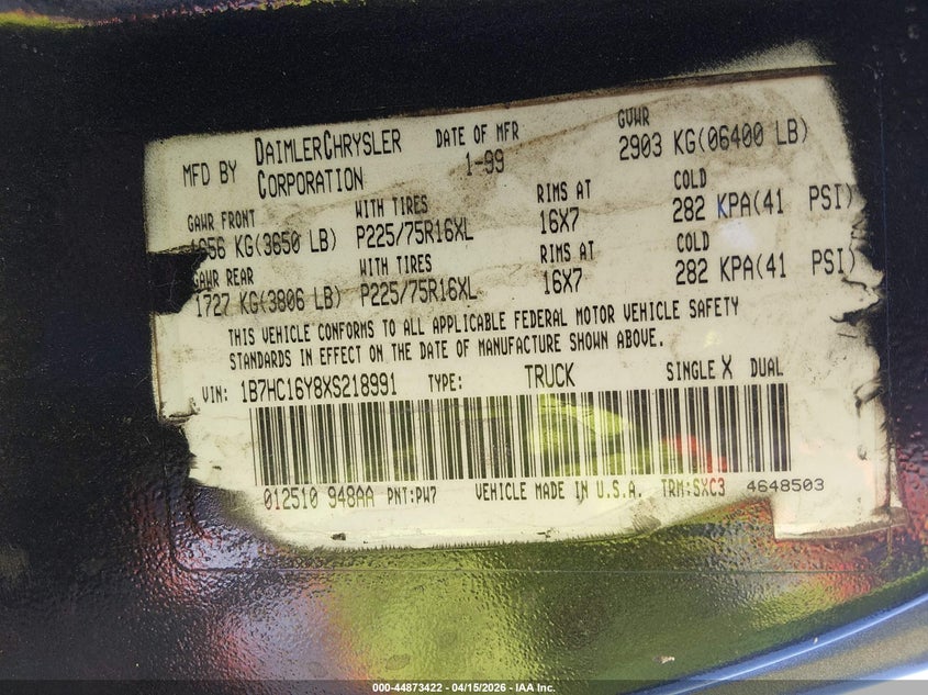 1999 Dodge Ram 1500 St VIN: 1B7HC16Y8XS218991 Lot: 44873422
