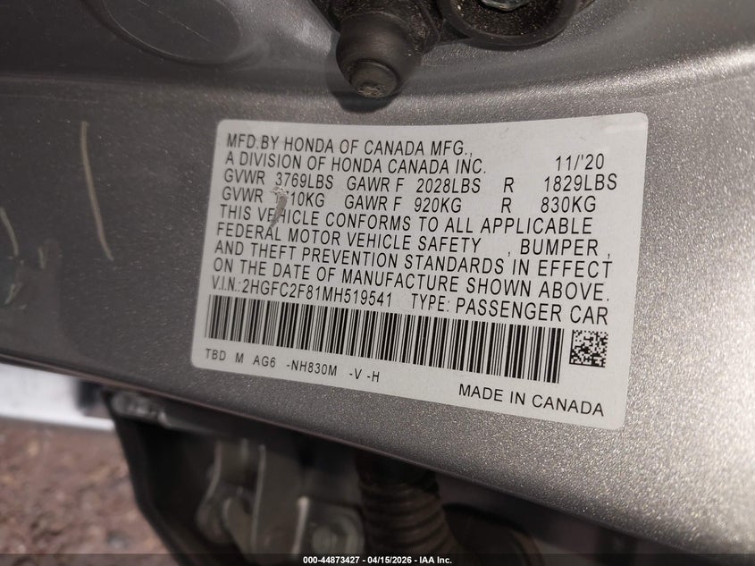 2021 Honda Civic Sport VIN: 2HGFC2F81MH519541 Lot: 44873427