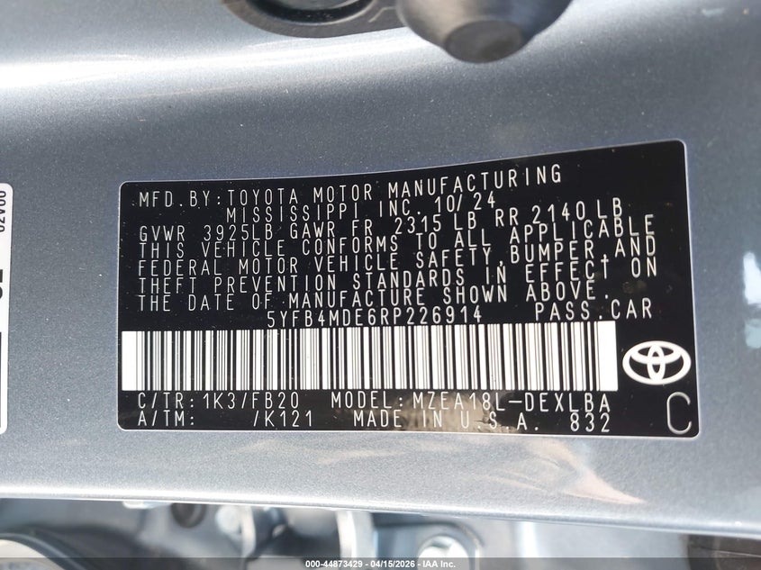 2024 Toyota Corolla Le VIN: 5YFB4MDE6RP226914 Lot: 44873429