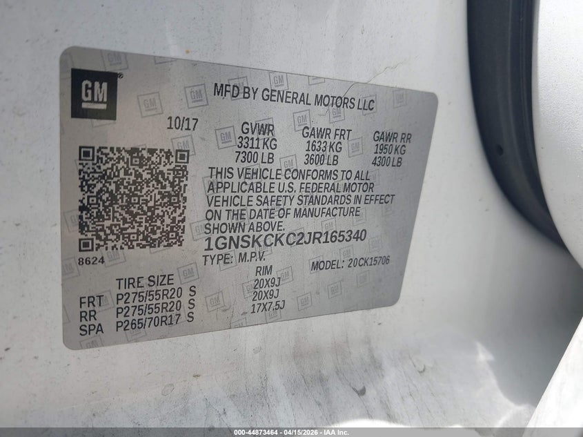 2018 Chevrolet Tahoe Premier VIN: 1GNSKCKC2JR165340 Lot: 44873464