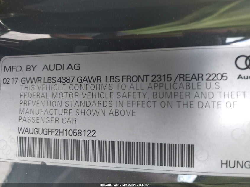 WAUGUGFF2H1058122 2017 Audi A3 2.0 2.0T Premium grey