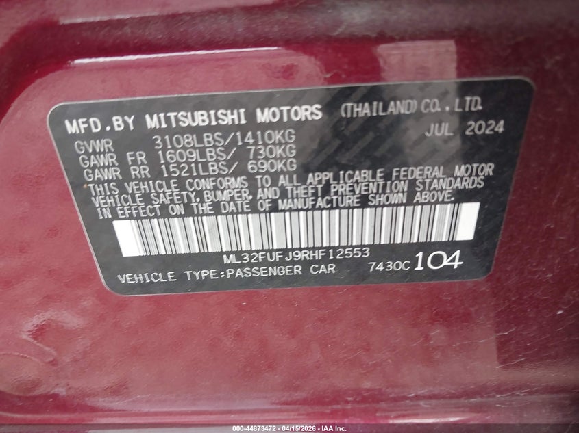 2024 Mitsubishi Mirage G4 Black Edition/Es/Le VIN: ML32FUFJ9RHF12553 Lot: 44873472